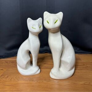 Vintage Mid Century White Ceramic Cat Figurines Green Eyes Pair Couple Statues